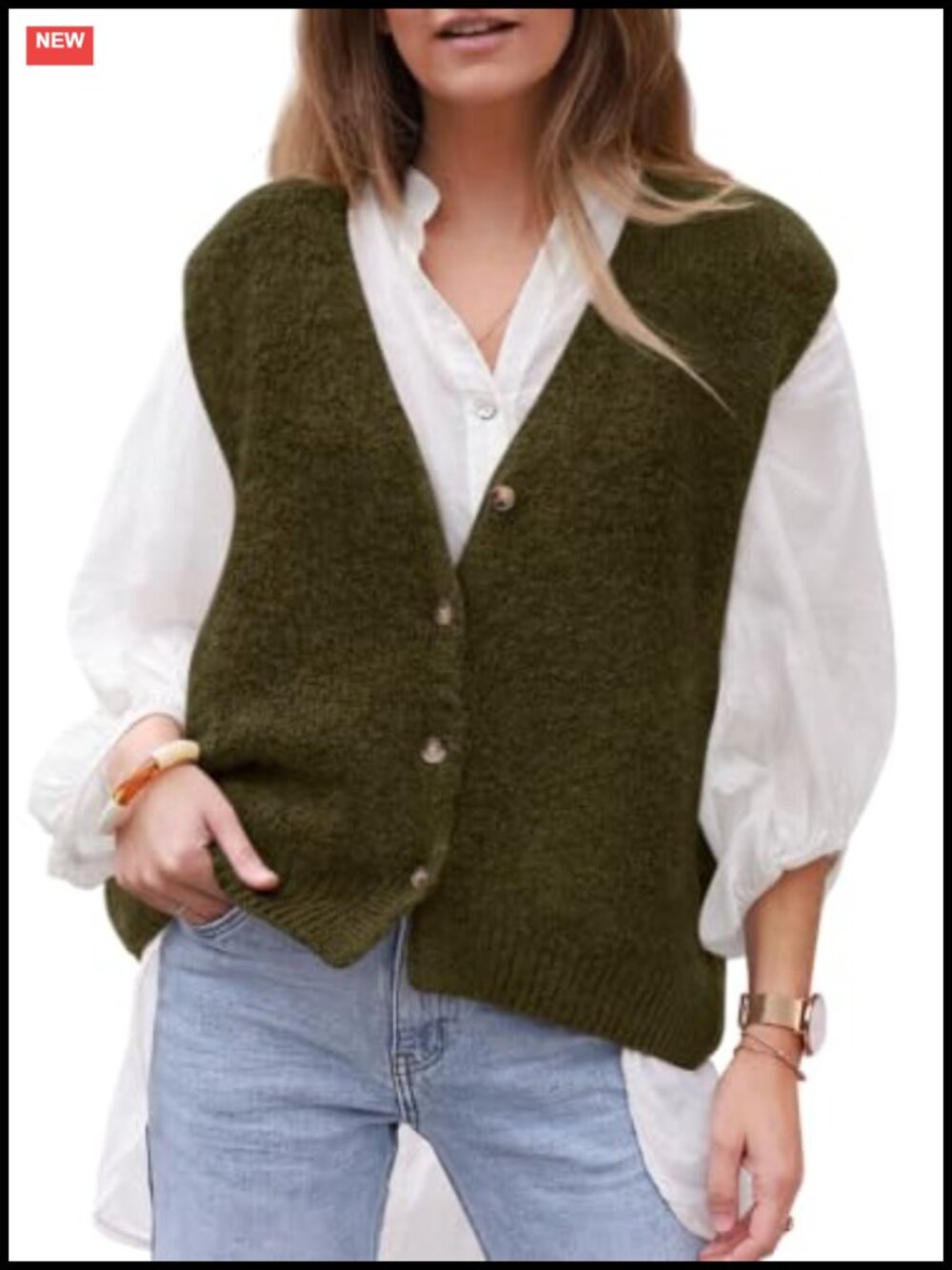 Sleeveless Button Down Knit Sweater Vest V-Neck Open Front